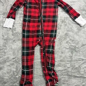 Red and Green Footies One Piece with Cozy Plaid Design